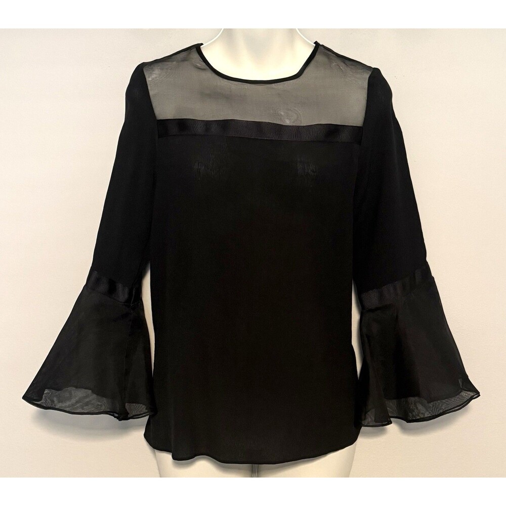 Alexis 100% Silk Bell Sleeve Blouse Sz S Black Sheer Panel Boho Whimsi Goth
